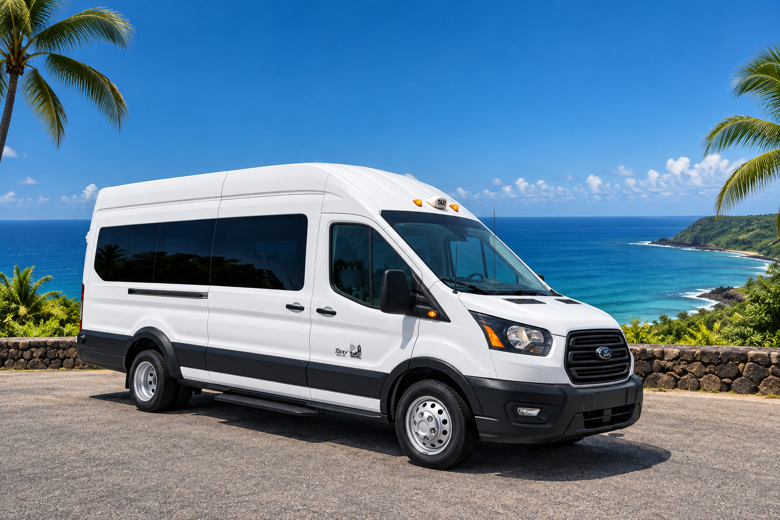 White Ford Transit passenger van beside a tropical coast